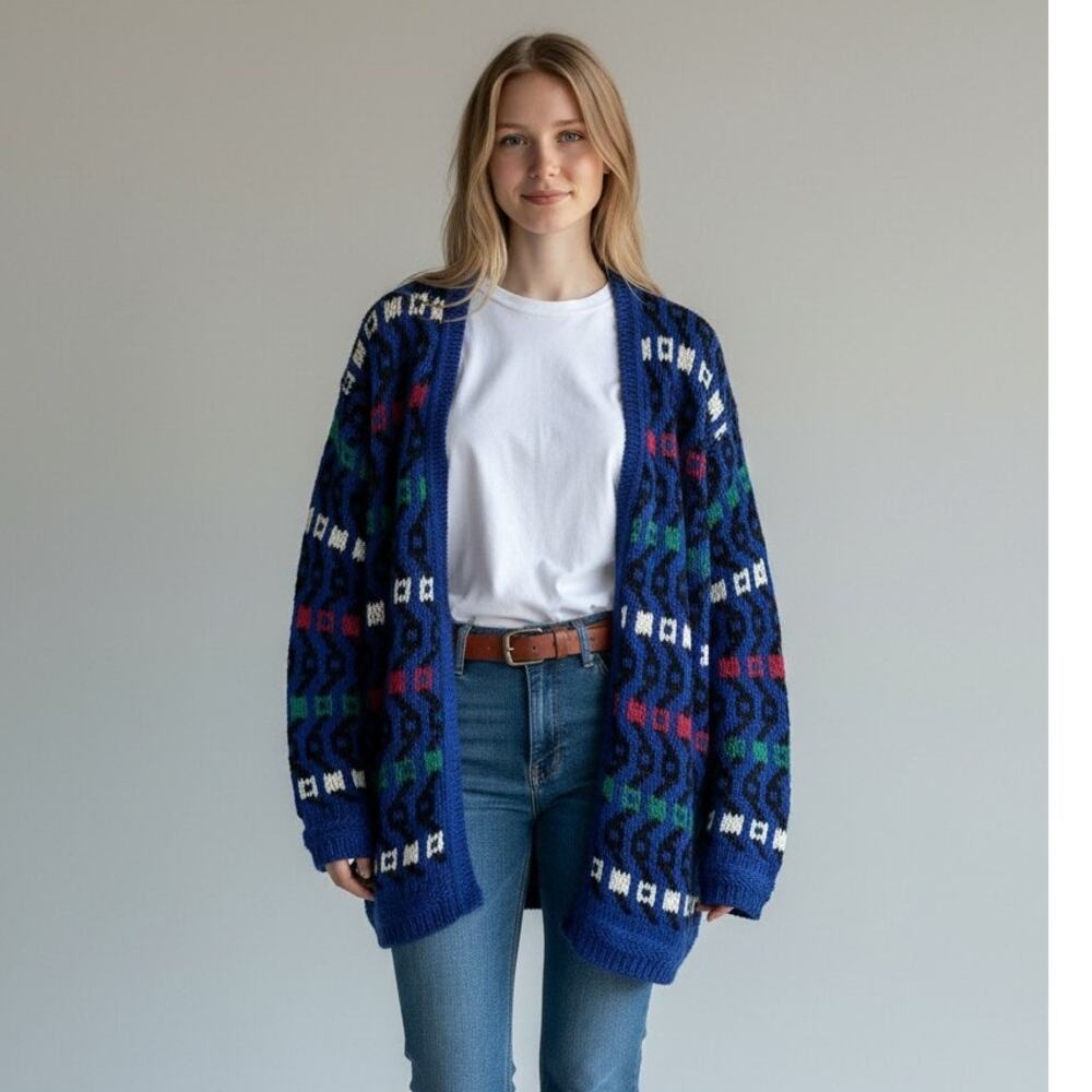 Sweater M vintage 1990s blue open-front knit cardigan Grandpacore 90's Retro